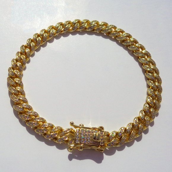 Icy Pave CZ Cuban Curb Bracelet Real Gold Dipped 925 Silver Miami Bracelet - Picture 1 of 6
